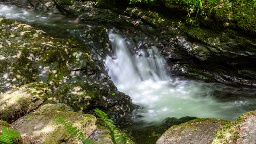 Sun dappled waterfall at Lydford Gorge, Devon